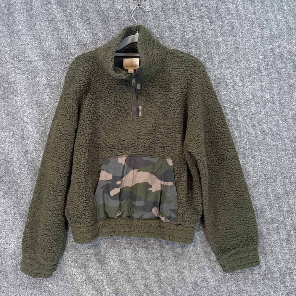 Aerie Sweatshirt Women Small Green Sherpa Fleece Camo Pocket Pullover Cozy